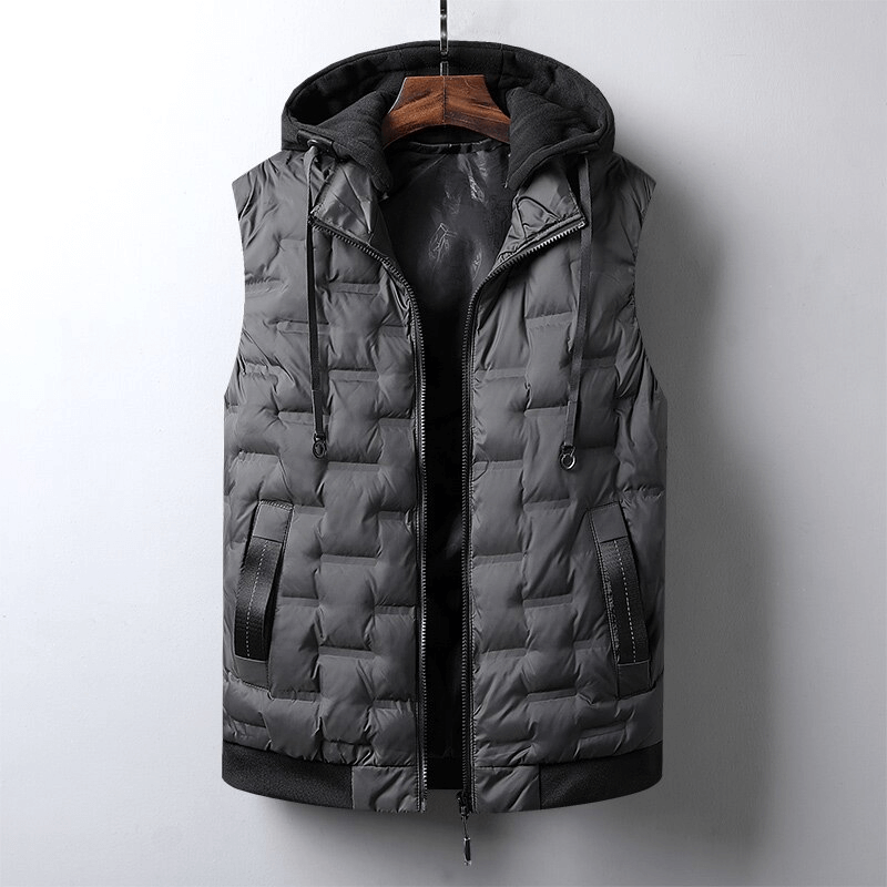 Stylish quilted sports insulated men's vest with hood, SF1532, gray color, perfect for outdoor warmth.