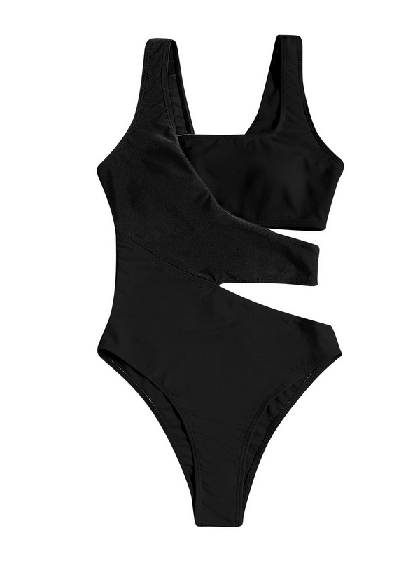 Trendy black women’s one-piece swimsuit with stylish cutouts and elastic fit, perfect for beach days - SF1441