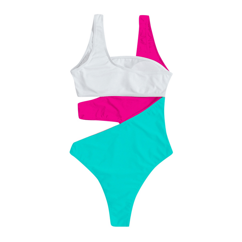 Stylish sexy elastic women's swimwear with cutout design in pink, turquoise, and white. Perfect for beach fashion and comfort.