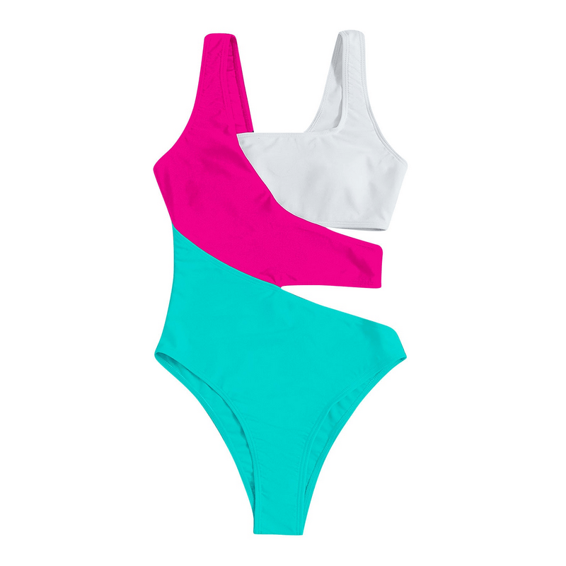Stylish sexy elastic women’s swimwear with cutout in vibrant pink, white, and teal, featuring adjustable straps and backless design.