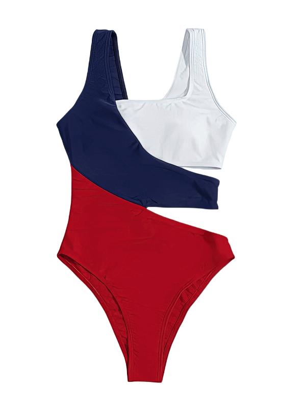 Stylish red, white, and blue women's one-piece swimwear with cutout design and adjustable straps.