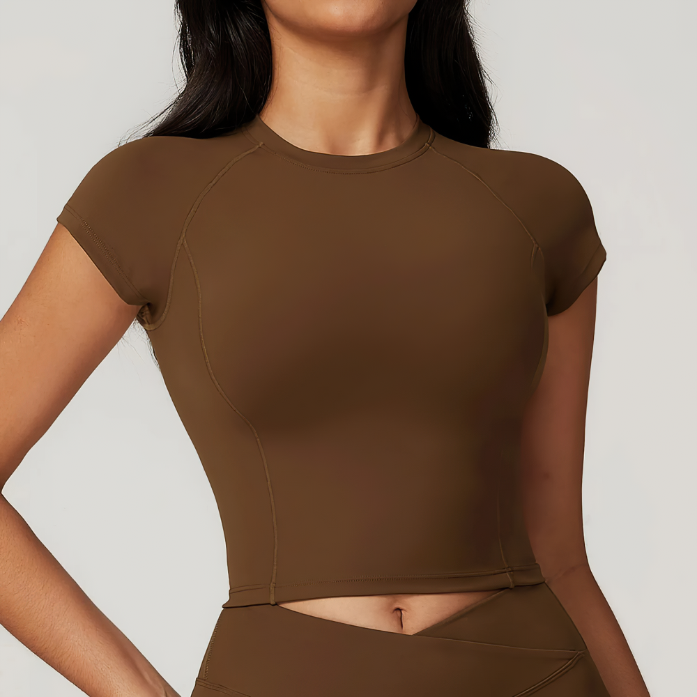 Elevate your workout with this stylish short-sleeve brown crop yoga top for women, perfect for fitness and sports. SF2421 design.