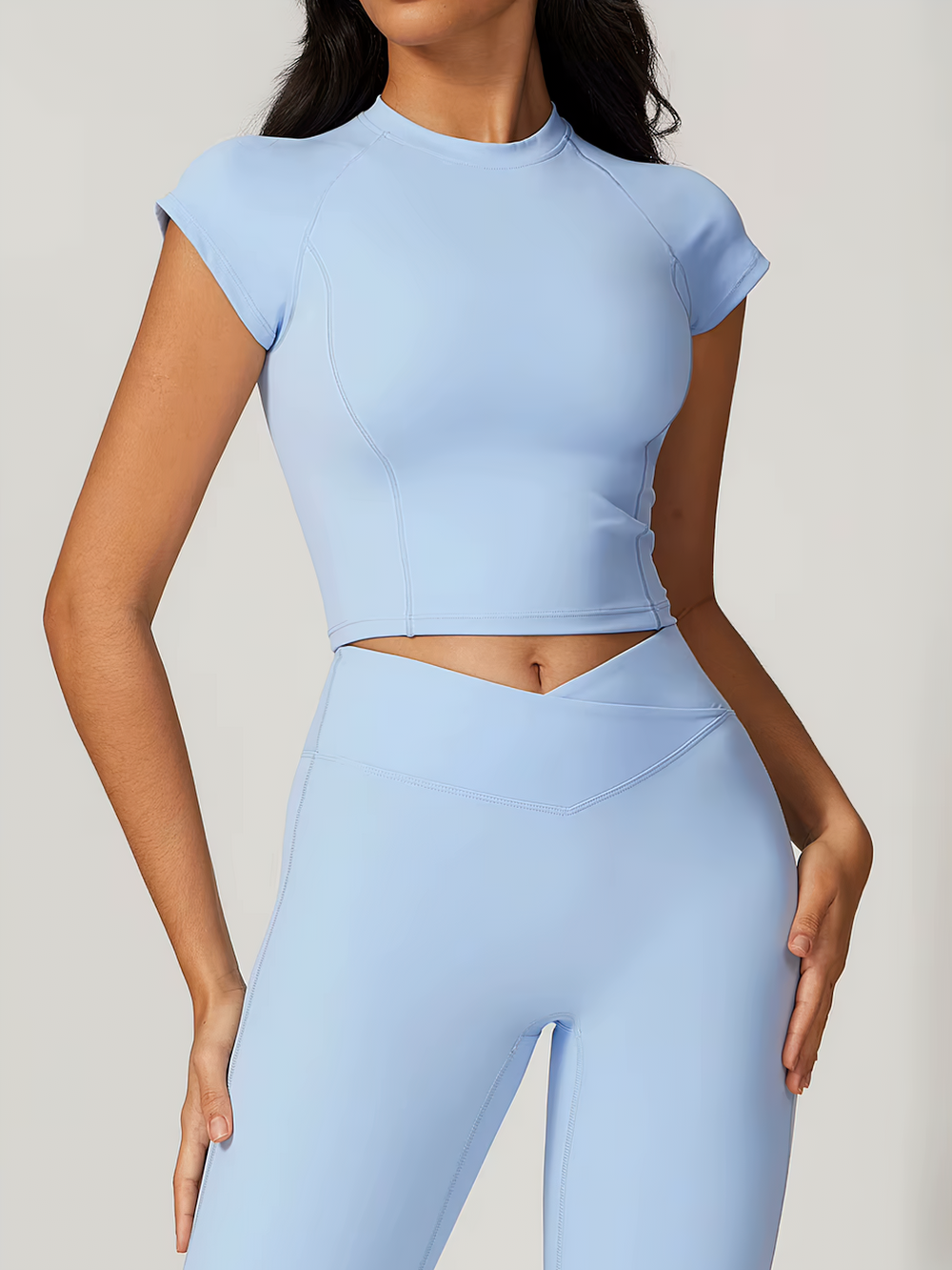 Stylish short-sleeve crop yoga top for women, blue, breathable nylon and spandex, perfect for fitness and sports activities - SF2421.