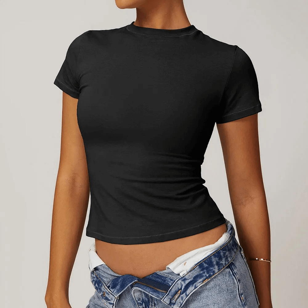 Black short-sleeve yoga t-shirt for women, sleek and stretchy, perfect for fitness and casual wear with a trendy and functional design.