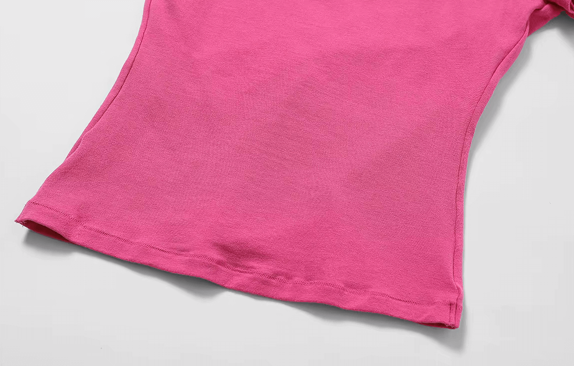Pink short-sleeve yoga t-shirt for women showing flexible cotton-spandex blend, perfect for fitness, running, and dancing.