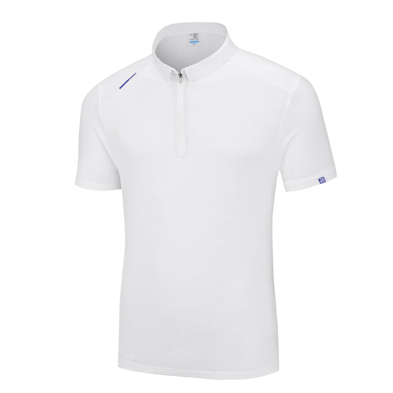 Stylish white solid color sports polo shirt for men, short sleeve, zip design, polyester blend, versatile for work or weekend wear.