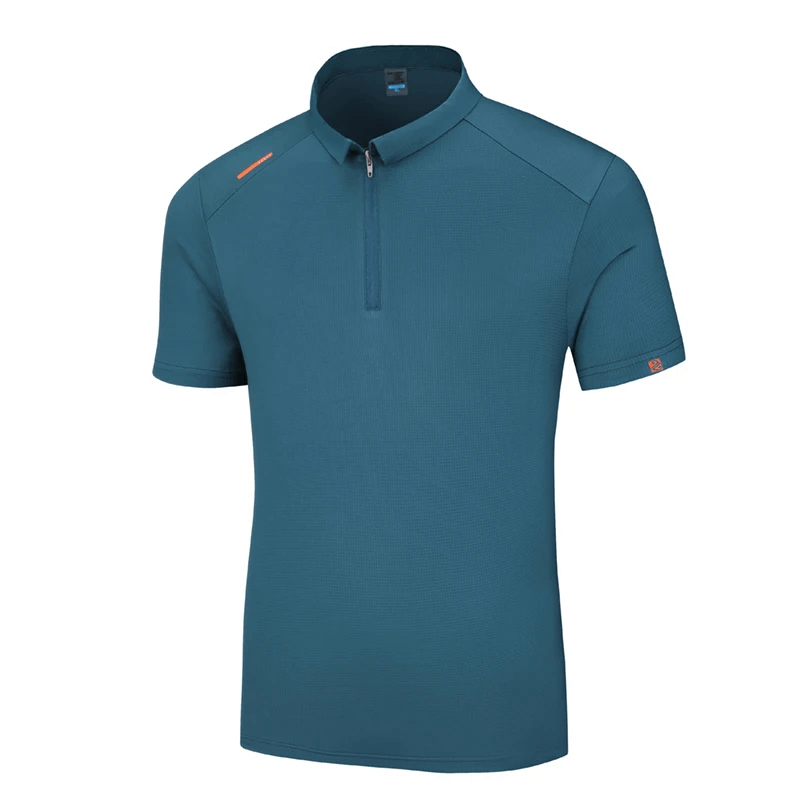 Stylish solid color sports polo shirt for men with zip closure, short sleeves, made of polyester and spandex blend.