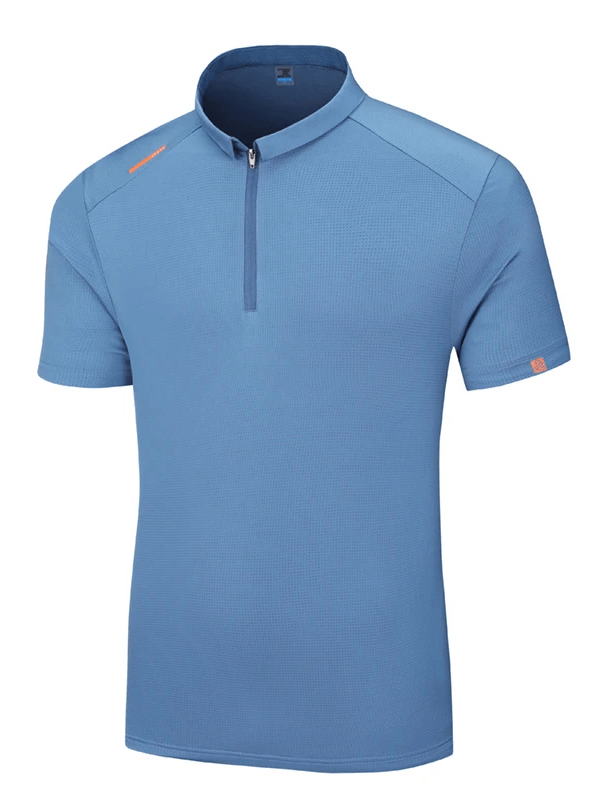 Stylish blue solid color men's polo shirt with zip, short sleeves, polyester-spandex blend for versatile wear - SF2041