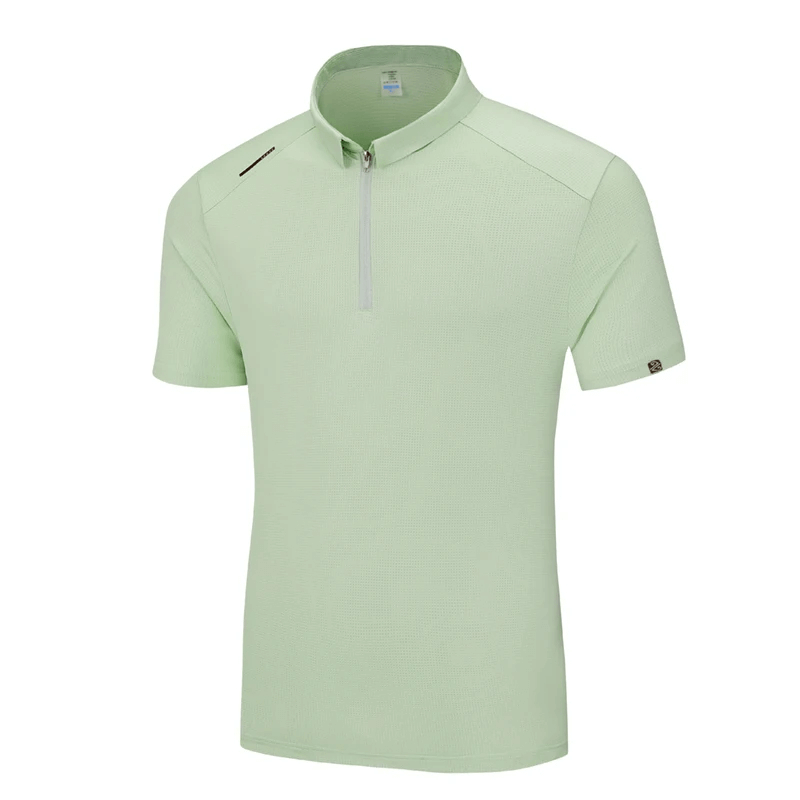 Stylish solid color sports polo shirt for men, short sleeves, zip collar, green; perfect blend of polyester and spandex for comfort.