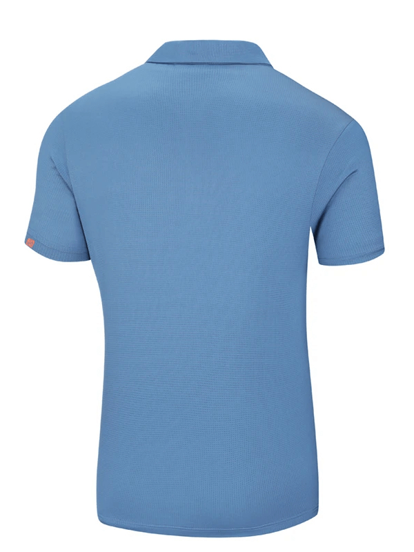 Men's solid color sports polo shirt in blue, short sleeves, polyester and spandex blend, perfect for versatile everyday wear.