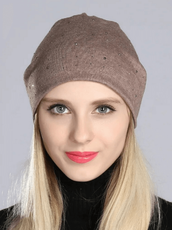 Stylish solid color women's beanie with rhinestones, lightweight polyester, perfect for casual wear, model wearing SF1689.