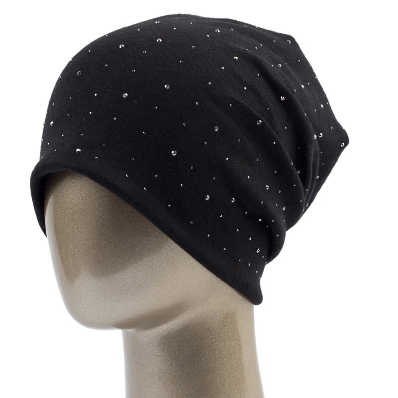 Stylish solid color women's beanie with rhinestones, perfect for casual outfits. Lightweight polyester material for a cozy feel. SF1689