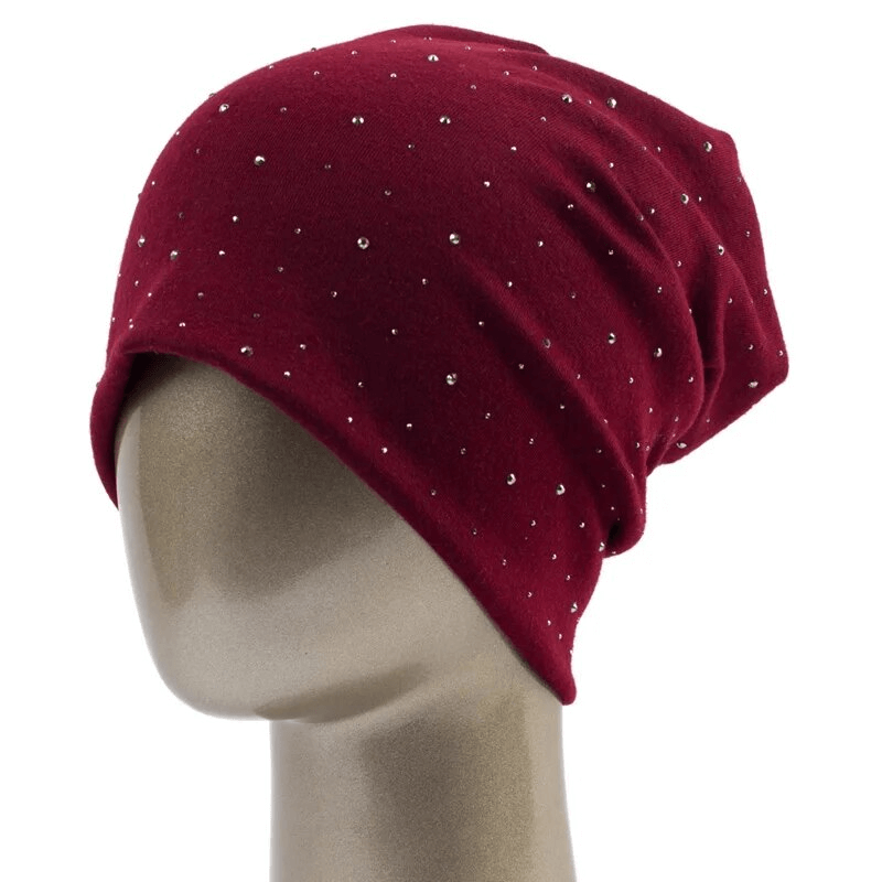 Solid color women's beanie with rhinestones in red, stylish and cozy, made from polyester for casual wear, product code SF1689.