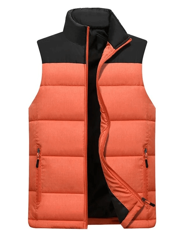 Orange and black men's thermal vest with zipper, featuring two pockets and casual style for versatile wear.