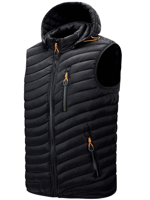 Stylish black sports men's vest with hood, zippered pockets, perfect for hiking and outdoor activities, made of warm nylon.