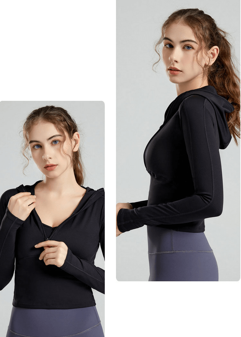 Stylish sports women's top with hood and long sleeves, ideal for yoga. Made from breathable, quick-drying nylon and spandex. SF1430
