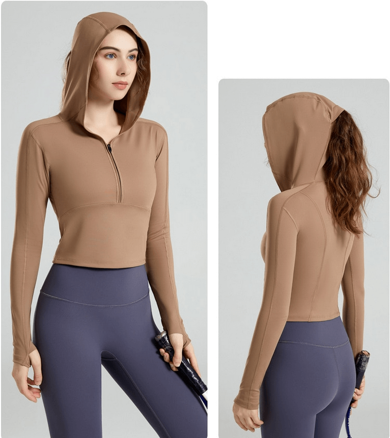 Stylish sports women's top with long sleeves and hood, SF1430; perfect for yoga with breathable, quick-dry nylon-spandex fabric.