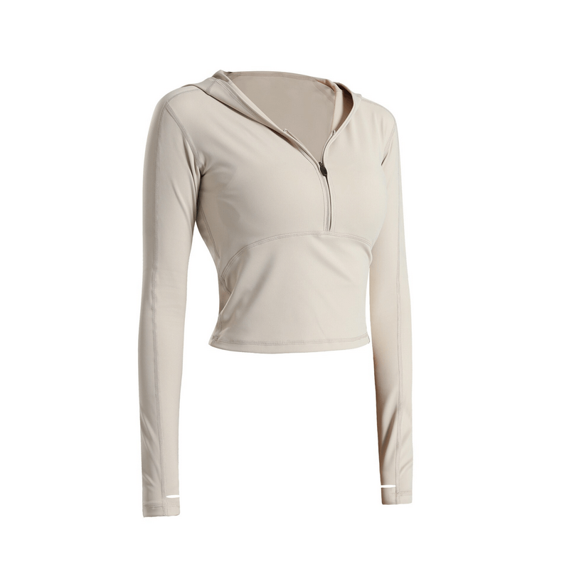 Stylish sports women's top with long sleeves and hood for yoga, made of breathable nylon and spandex, quick-dry fabric.