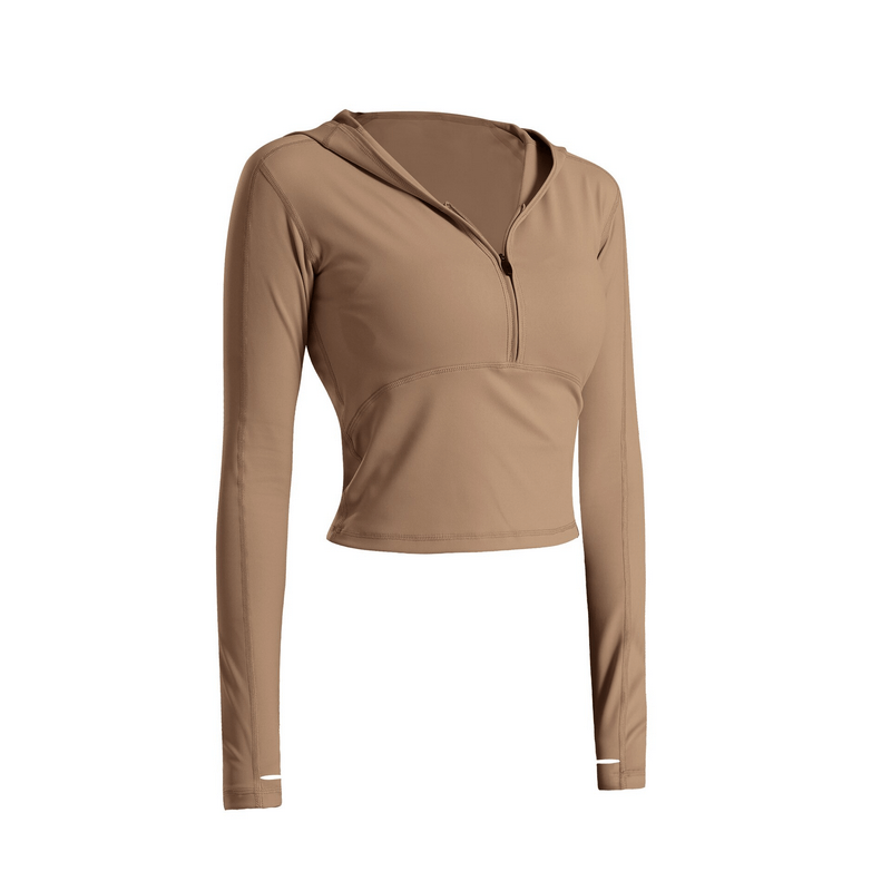 Stylish sports women's top with long sleeves and hood, perfect for yoga. Breathable nylon-spandex fabric for comfort and quick dry.