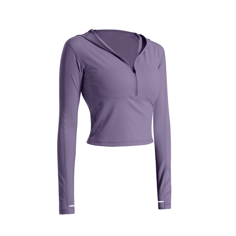Stylish sports women's top with long sleeves and hood in purple, ideal for yoga. Breathable, quick-dry nylon-spandex fabric.