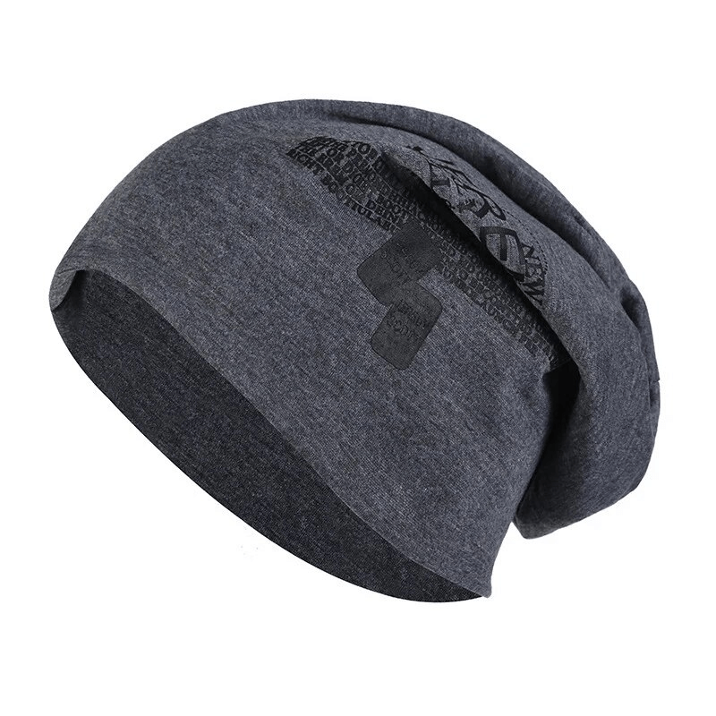 Gray sporty male beanie SF1695 with stylish inscription, solid pattern, made from soft polyester, perfect for casual warmth.