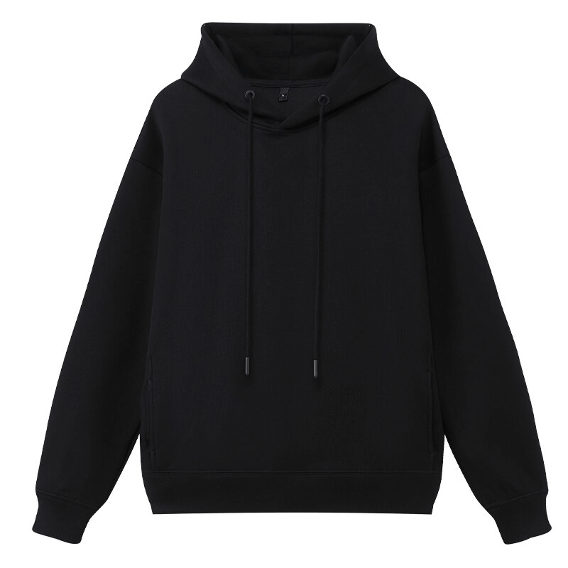 Stylish black sporty men's hoodie with hood and two pockets, perfect for running and workouts, made from flexible spandex for active wear.