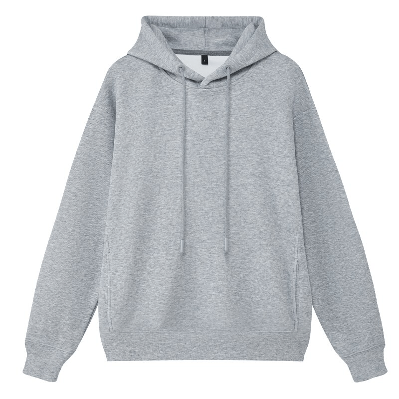 Stylish grey men's hoodie with hood, two pockets, ideal for sporty workouts, made from breathable spandex for comfort and flexibility.