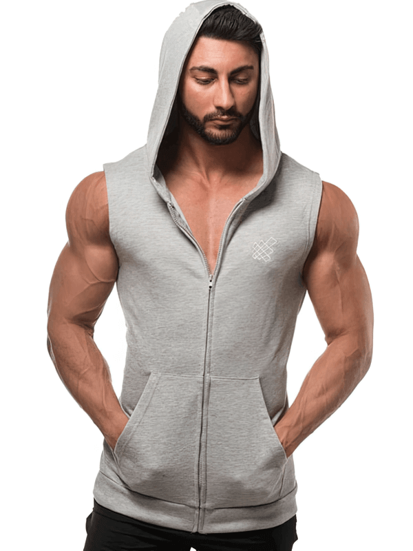 Stylish sporty men's vest with zipper and hood in gray, perfect for gym or street fashion; features breathable cotton-polyester blend.