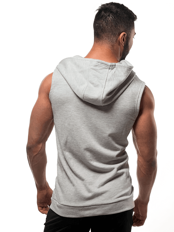 Back view of a man wearing a grey stylish sporty vest with hood, featuring an O-neck collar and casual sporty look - SF0529.