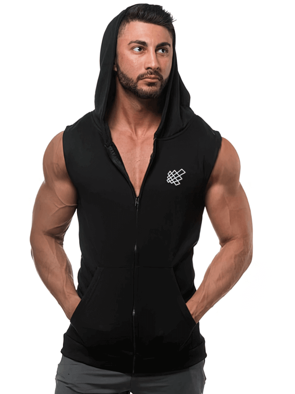 Man wearing a stylish sporty men's vest with zipper and hood, perfect for gym or street fashion.