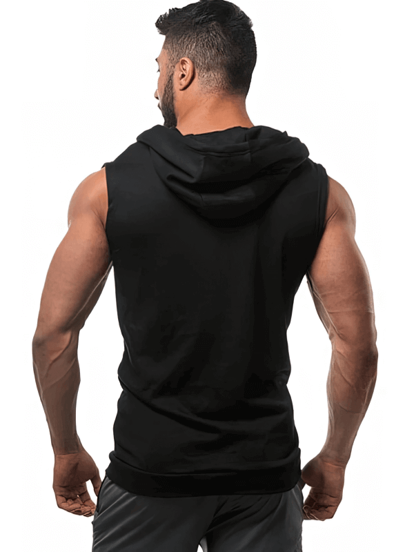 Back view of a Stylish Sporty Men's Vest with Zipper and Hood, showcasing O-neck, sleeveless design in black, perfect for gym or casual wear.