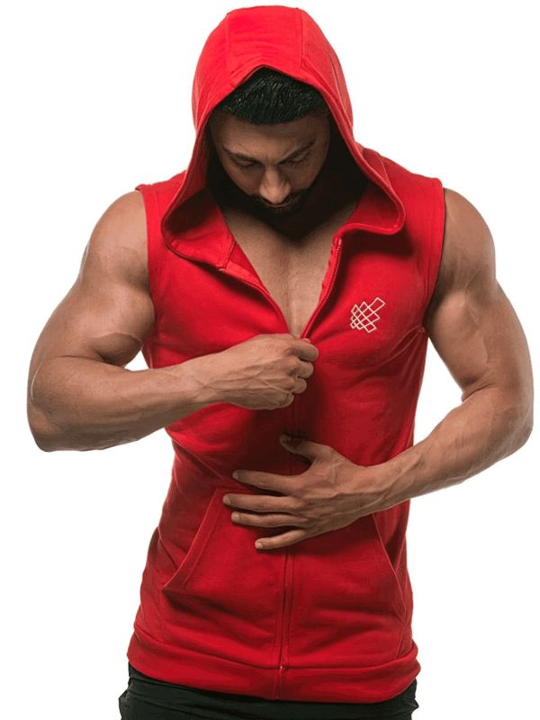 Red sporty men's vest with zipper and hood, showcasing a casual O-neck style ideal for gym or streetwear fashion.