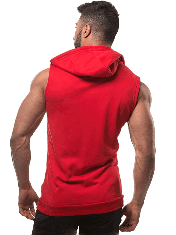 Man wearing a red stylish sports vest with hood and O-neck, perfect for gym and street fashion.