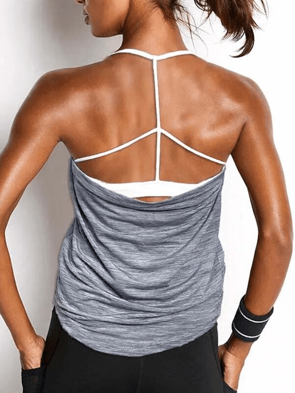 Back view of stylish sporty women's tank top with open back and lining, perfect for yoga with quick-dry nylon polyester blend.