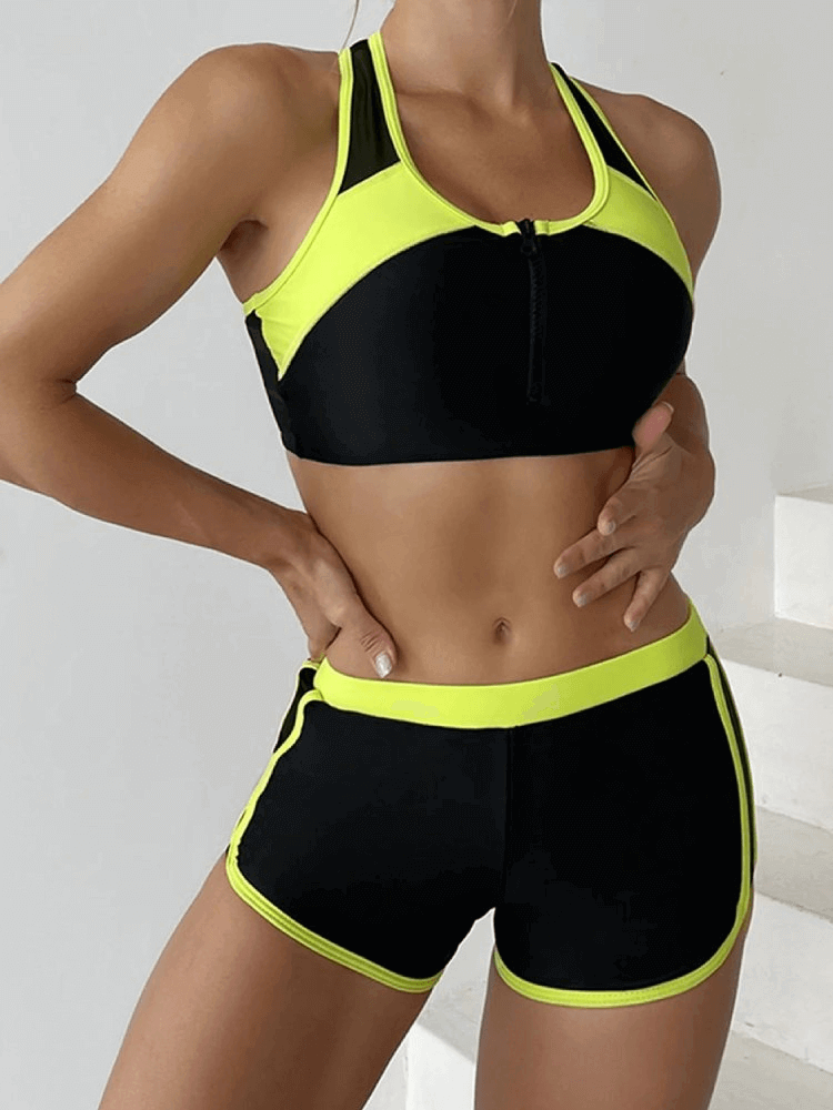 Stylish Tight Sports Women's Two-Piece Swimsuit SF1879 in black and neon, crafted from Polyester and Spandex for durability and comfort.
