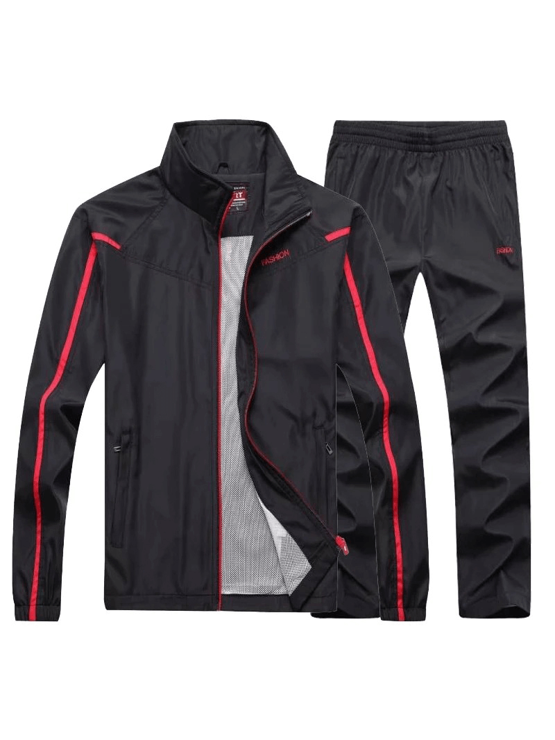 Men's stylish tracksuit with mandarin collar and zipper, athletic patchwork design in black and red, perfect for workouts, model SF2035.