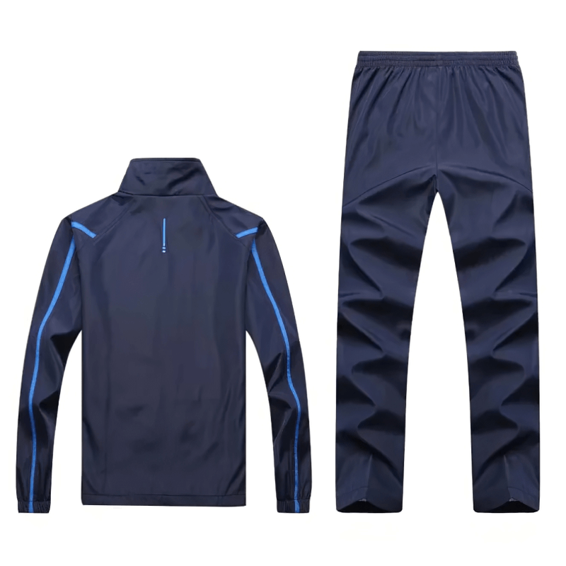 Navy blue men's tracksuit with mandarin collar and zipper, featuring stylish patchwork and full-length sleeves and pants.