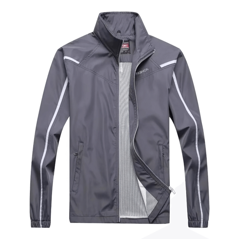 Stylish men's tracksuit jacket with a mandarin collar, zipper closure, and patchwork design, made of durable polyester for athletic use.