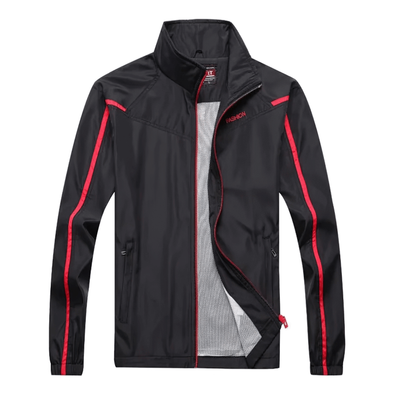 Sleek men's black tracksuit jacket with red accents, mandarin collar, and zipper closure, perfect for stylish workout sessions.
