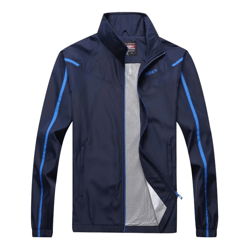 Men's navy blue polyester tracksuit jacket with mandarin collar and zipper, featuring stylish blue stripe accents, SF2035.