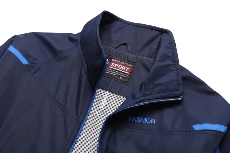 Stylish men's tracksuit with mandarin collar, zipper, and blue patchwork design - SF2035, perfect for athletic style and comfort.