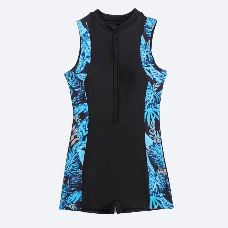 Stylish tropical print women's zip-up swimsuit with blue leaf patterns, ideal for surfing and diving. Model SF2148.