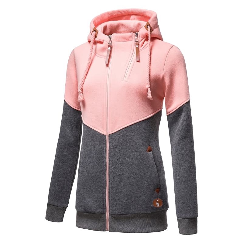 Stylish two-tone zip hoodie in pink and gray with hood, casual sporty chic design for warmth and comfort, SF2018.