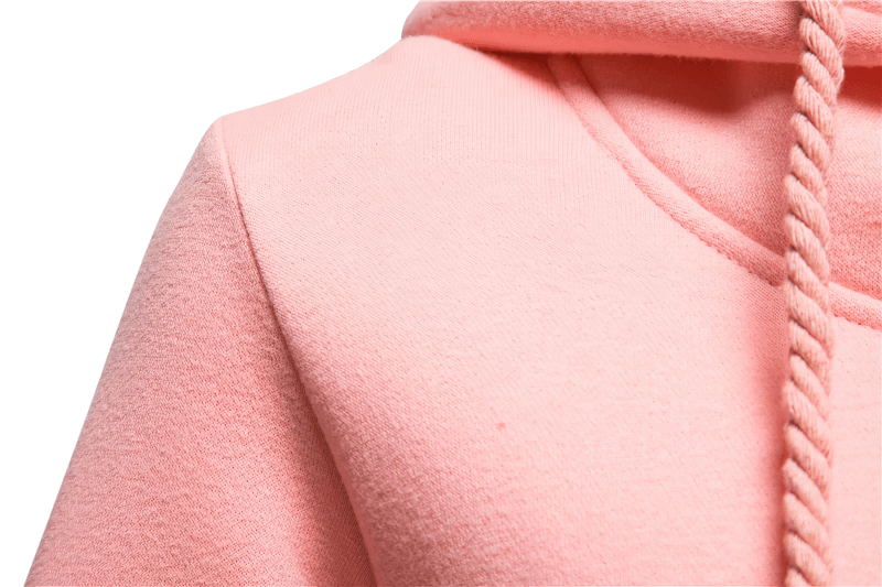 Close-up of pink hoodie fabric and hood with drawstring detail, showcasing cozy, thick material