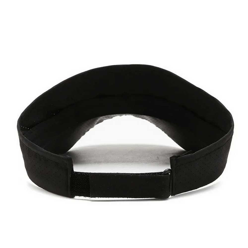 Back view of black unisex sport visor SF2237, showcasing adjustable strap and breathable polyester design for UV protection.