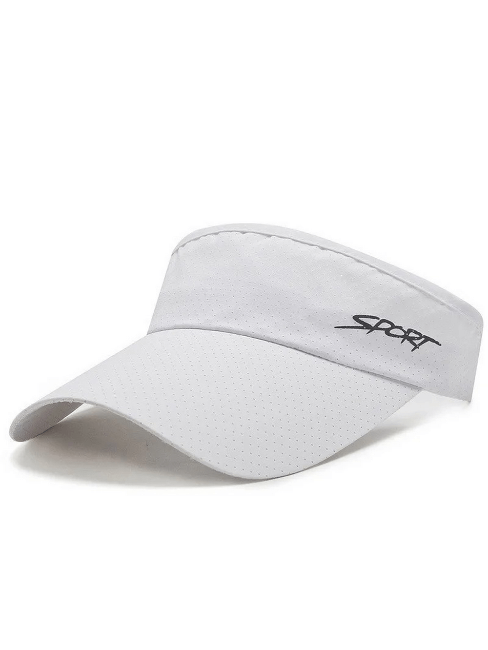 White unisex sport visor with 'Sport' embroidery, durable polyester for UV protection, perfect for outdoor adventures.