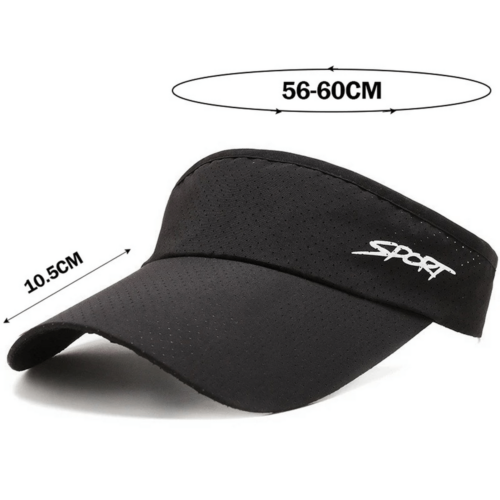 Black unisex sport visor with "Sport" logo, featuring durable polyester, UV protection, adjustable fit. Ideal for outdoor adventures.