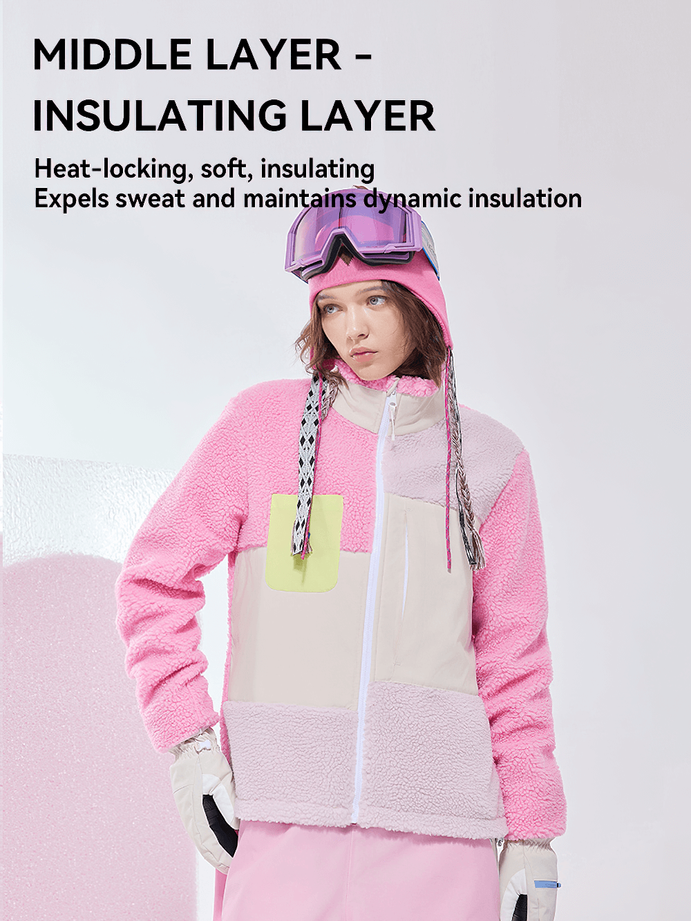 Unisex sherpa fleece jacket with O-neck collar, color contrast, ideal for winter sports like skiing. Pink jacket shown.