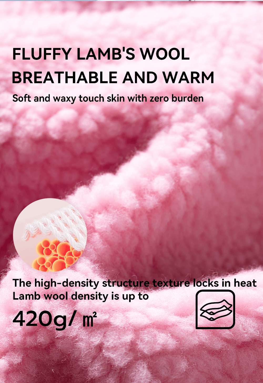 Close-up of pink lamb's wool fleece highlighting its warmth and breathability, with a focus on density and texture illustration. Cozy and soft.