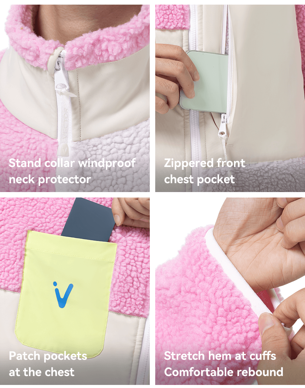 Stylish pink and white Sherpa Fleece Jacket with windproof collar, zippered pocket, patch pockets, and stretchy cuffs.